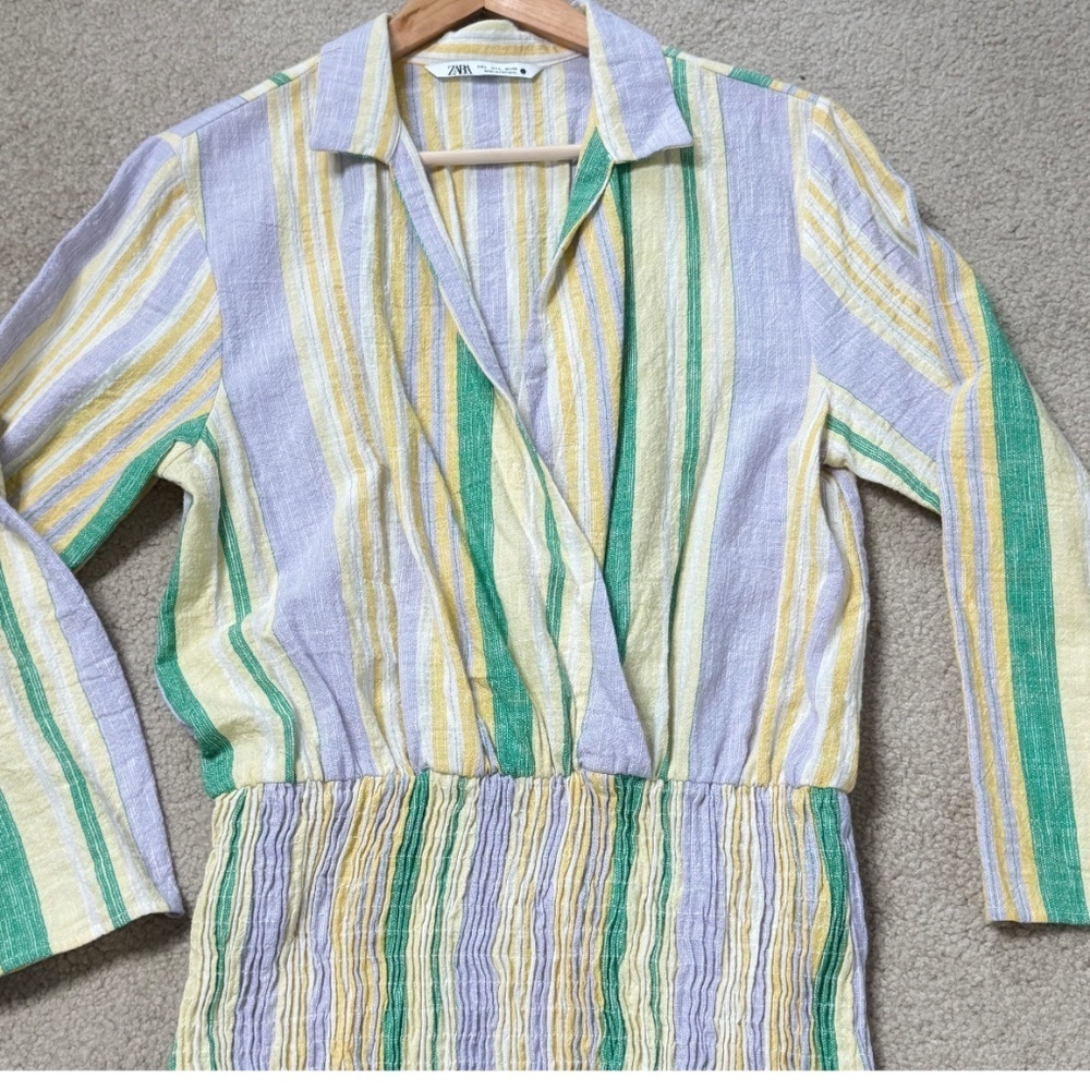 Zara Mini Dress Shirred Skirt Pastel Stripe Long Sleeve Cotton Mini Dress Large - Picture 5 of 15